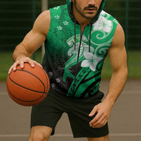 Polynesia Hammerhead Shark Sleeveless Zip Hoodie Green Tribal Pattern With Plumeria - Polynesian Pride