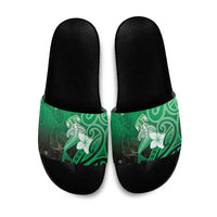 Polynesia Hammerhead Shark Slide Sandals Green Tribal Pattern With Plumeria - Polynesian Pride