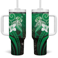 Polynesia Hammerhead Shark Tumbler With Handle Green Tribal Pattern With Plumeria - Polynesian Pride