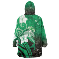 Polynesia Hammerhead Shark Wearable Blanket Hoodie Green Tribal Pattern With Plumeria - Polynesian Pride
