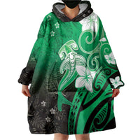 Polynesia Hammerhead Shark Wearable Blanket Hoodie Green Tribal Pattern With Plumeria - Polynesian Pride
