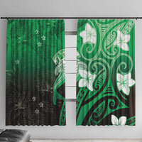 Polynesia Hammerhead Shark Window Curtain Green Tribal Pattern With Plumeria - Polynesian Pride