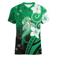 Polynesia Hammerhead Shark Women V-Neck T-Shirt Green Tribal Pattern With Plumeria - Polynesian Pride