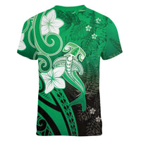 Polynesia Hammerhead Shark Women V-Neck T-Shirt Green Tribal Pattern With Plumeria - Polynesian Pride