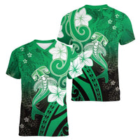 Polynesia Hammerhead Shark Women V-Neck T-Shirt Green Tribal Pattern With Plumeria - Polynesian Pride