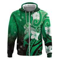 Polynesia Hammerhead Shark Zip Hoodie Green Tribal Pattern With Plumeria - Polynesian Pride