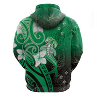 Polynesia Hammerhead Shark Zip Hoodie Green Tribal Pattern With Plumeria - Polynesian Pride