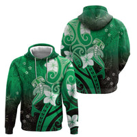Polynesia Hammerhead Shark Zip Hoodie Green Tribal Pattern With Plumeria - Polynesian Pride