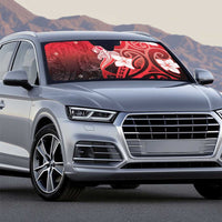 Polynesia Hammerhead Shark Auto Sun Shade Red Tribal Pattern With Plumeria - Polynesian Pride