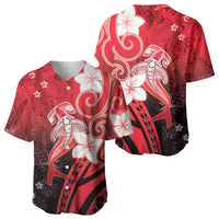Polynesia Hammerhead Shark Baseball Jersey Red Tribal Pattern With Plumeria LT05 - Polynesian Pride