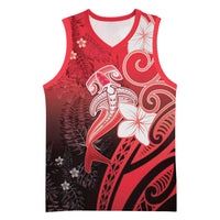 Polynesia Hammerhead Shark Basketball Jersey Red Tribal Pattern With Plumeria - Polynesian Pride