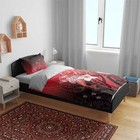 Polynesia Hammerhead Shark Bedding Set Red Tribal Pattern With Plumeria - Polynesian Pride