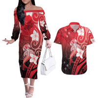 Polynesia Hammerhead Shark Couples Matching Off The Shoulder Long Sleeve Dress and Hawaiian Shirt Red Tribal Pattern With Plumeria - Polynesian Pride