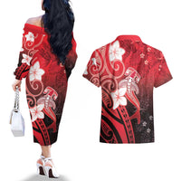 Polynesia Hammerhead Shark Couples Matching Off The Shoulder Long Sleeve Dress and Hawaiian Shirt Red Tribal Pattern With Plumeria - Polynesian Pride