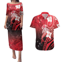 Polynesia Hammerhead Shark Couples Matching Puletasi and Hawaiian Shirt Red Tribal Pattern With Plumeria - Polynesian Pride