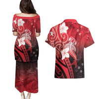 Polynesia Hammerhead Shark Couples Matching Puletasi and Hawaiian Shirt Red Tribal Pattern With Plumeria - Polynesian Pride