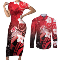 Polynesia Hammerhead Shark Couples Matching Short Sleeve Bodycon Dress and Long Sleeve Button Shirt Red Tribal Pattern With Plumeria LT05 Red - Polynesian Pride