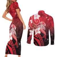 Polynesia Hammerhead Shark Couples Matching Short Sleeve Bodycon Dress and Long Sleeve Button Shirt Red Tribal Pattern With Plumeria LT05 - Polynesian Pride