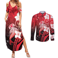 Polynesia Hammerhead Shark Couples Matching Summer Maxi Dress and Long Sleeve Button Shirt Red Tribal Pattern With Plumeria - Polynesian Pride