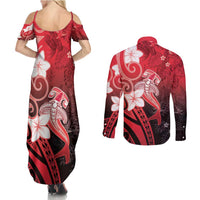 Polynesia Hammerhead Shark Couples Matching Summer Maxi Dress and Long Sleeve Button Shirt Red Tribal Pattern With Plumeria - Polynesian Pride