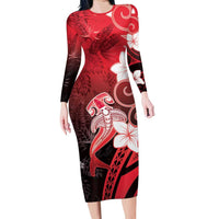 Polynesia Hammerhead Shark Family Matching Long Sleeve Bodycon Dress and Hawaiian Shirt Red Tribal Pattern With Plumeria - Polynesian Pride