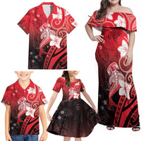 Polynesia Hammerhead Shark Family Matching Off Shoulder Maxi Dress and Hawaiian Shirt Red Tribal Pattern With Plumeria - Polynesian Pride