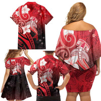 Polynesia Hammerhead Shark Family Matching Off Shoulder Short Dress and Hawaiian Shirt Red Tribal Pattern With Plumeria - Polynesian Pride