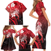 Polynesia Hammerhead Shark Family Matching Short Sleeve Bodycon Dress and Hawaiian Shirt Red Tribal Pattern With Plumeria - Polynesian Pride