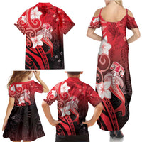 Polynesia Hammerhead Shark Family Matching Summer Maxi Dress and Hawaiian Shirt Red Tribal Pattern With Plumeria - Polynesian Pride