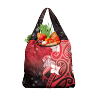 Polynesia Hammerhead Shark Grocery Bag Red Tribal Pattern With Plumeria - Polynesian Pride