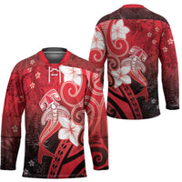 Polynesia Hammerhead Shark Hockey Jersey Red Tribal Pattern With Plumeria - Polynesian Pride