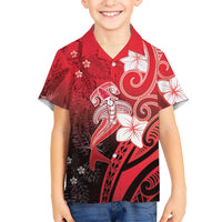 Polynesia Hammerhead Shark Kid Hawaiian Shirt Red Tribal Pattern With Plumeria - Polynesian Pride