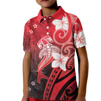 Polynesia Hammerhead Shark Kid Polo Shirt Red Tribal Pattern With Plumeria - Polynesian Pride