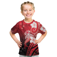 Polynesia Hammerhead Shark Kid T Shirt Red Tribal Pattern With Plumeria - Polynesian Pride