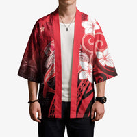 Polynesia Hammerhead Shark Kimono Red Tribal Pattern With Plumeria - Polynesian Pride