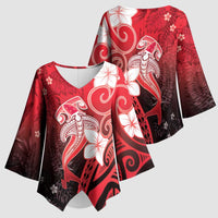 Polynesia Hammerhead Shark Kimono Sleeve Blouse Red Tribal Pattern With Plumeria - Polynesian Pride