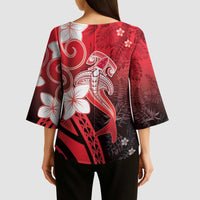 Polynesia Hammerhead Shark Kimono Sleeve Blouse Red Tribal Pattern With Plumeria - Polynesian Pride