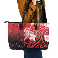 Polynesia Hammerhead Shark Leather Tote Bag Red Tribal Pattern With Plumeria - Polynesian Pride