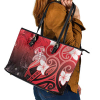 Polynesia Hammerhead Shark Leather Tote Bag Red Tribal Pattern With Plumeria - Polynesian Pride