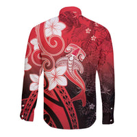 Polynesia Hammerhead Shark Long Sleeve Button Shirt Red Tribal Pattern With Plumeria - Polynesian Pride