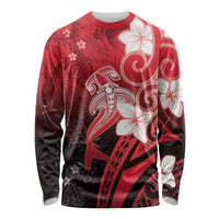 Polynesia Hammerhead Shark Long Sleeve Shirt Red Tribal Pattern With Plumeria - Polynesian Pride