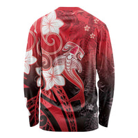 Polynesia Hammerhead Shark Long Sleeve Shirt Red Tribal Pattern With Plumeria - Polynesian Pride