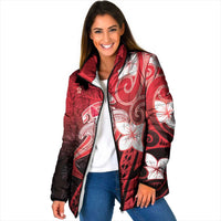 Polynesia Hammerhead Shark Padded Jacket Red Tribal Pattern With Plumeria - Polynesian Pride