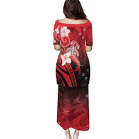 Polynesia Hammerhead Shark Puletasi Red Tribal Pattern With Plumeria LT05 - Polynesian Pride