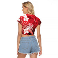 Polynesia Hammerhead Shark Raglan Cropped T Shirt Red Tribal Pattern With Plumeria - Polynesian Pride
