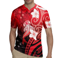 Polynesia Hammerhead Shark Rugby Jersey Red Tribal Pattern With Plumeria - Polynesian Pride