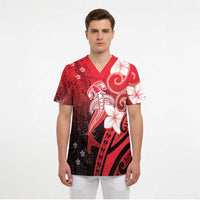 Polynesia Hammerhead Shark Scrub Top Red Tribal Pattern With Plumeria - Polynesian Pride