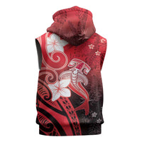 Polynesia Hammerhead Shark Sleeveless Hoodie Red Tribal Pattern With Plumeria - Polynesian Pride