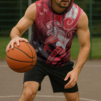 Polynesia Hammerhead Shark Sleeveless Hoodie Red Tribal Pattern With Plumeria - Polynesian Pride