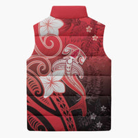 Polynesia Hammerhead Shark Sleeveless Puffer Jacket Red Tribal Pattern With Plumeria - Polynesian Pride